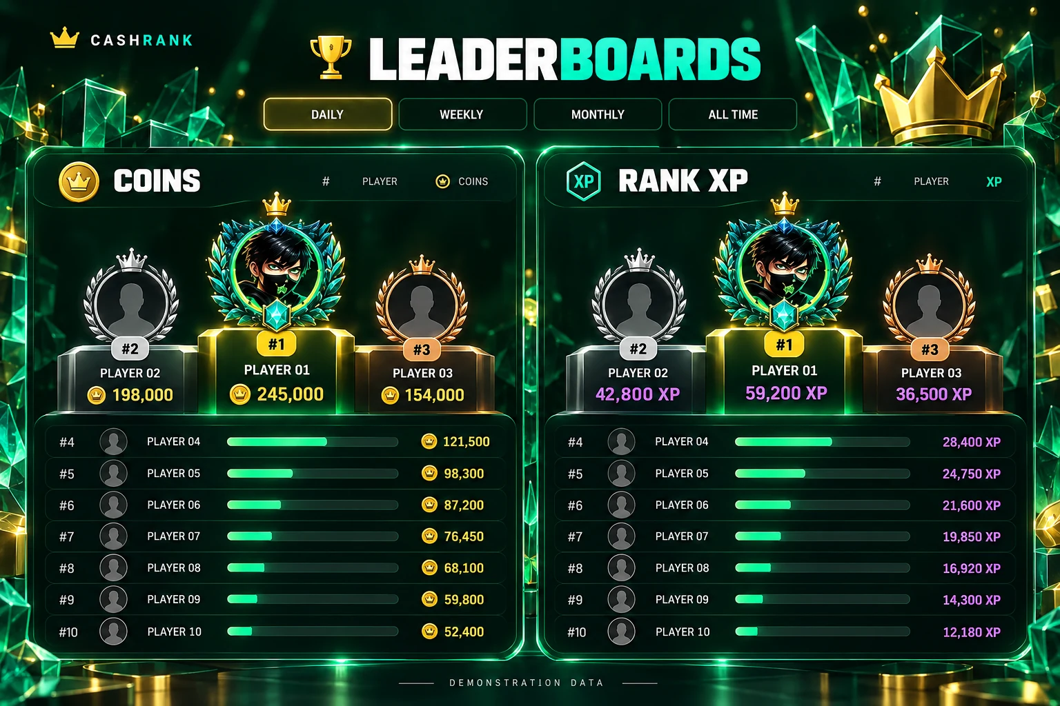 CashRank dual leaderboard app screens