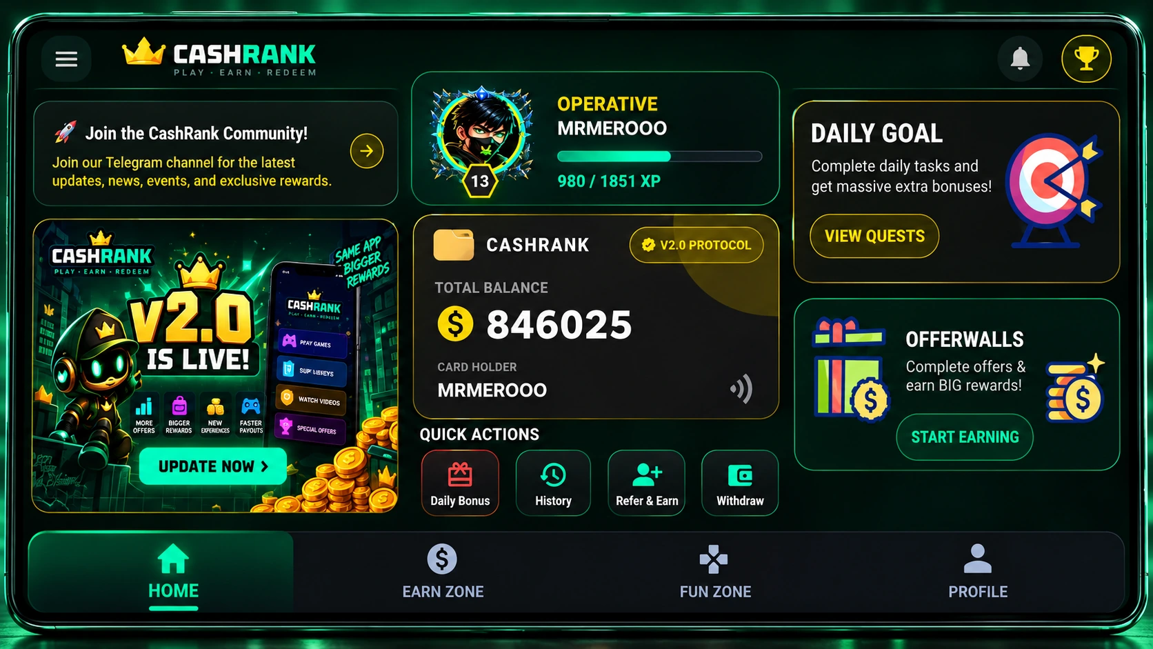 CashRank dashboard overview